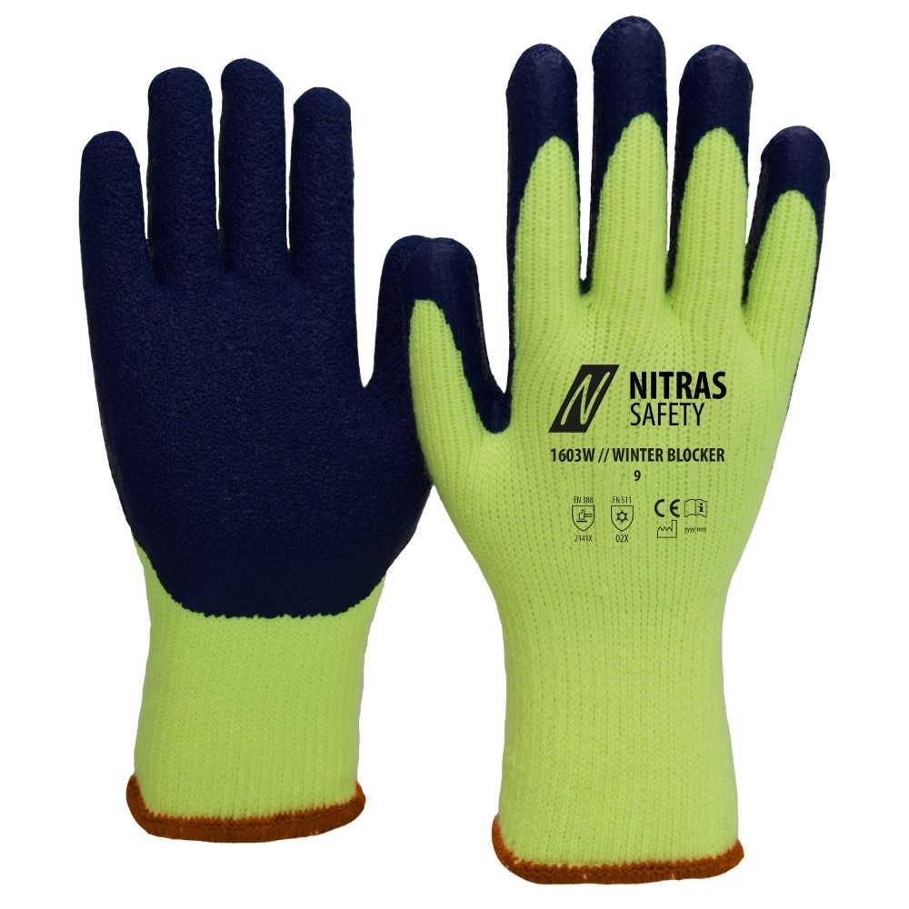 NITRAS WINTER BLOCKER, nahtlose Terry-Schlingenhandschuhe, neongelb / blau, EN 388, EN 511